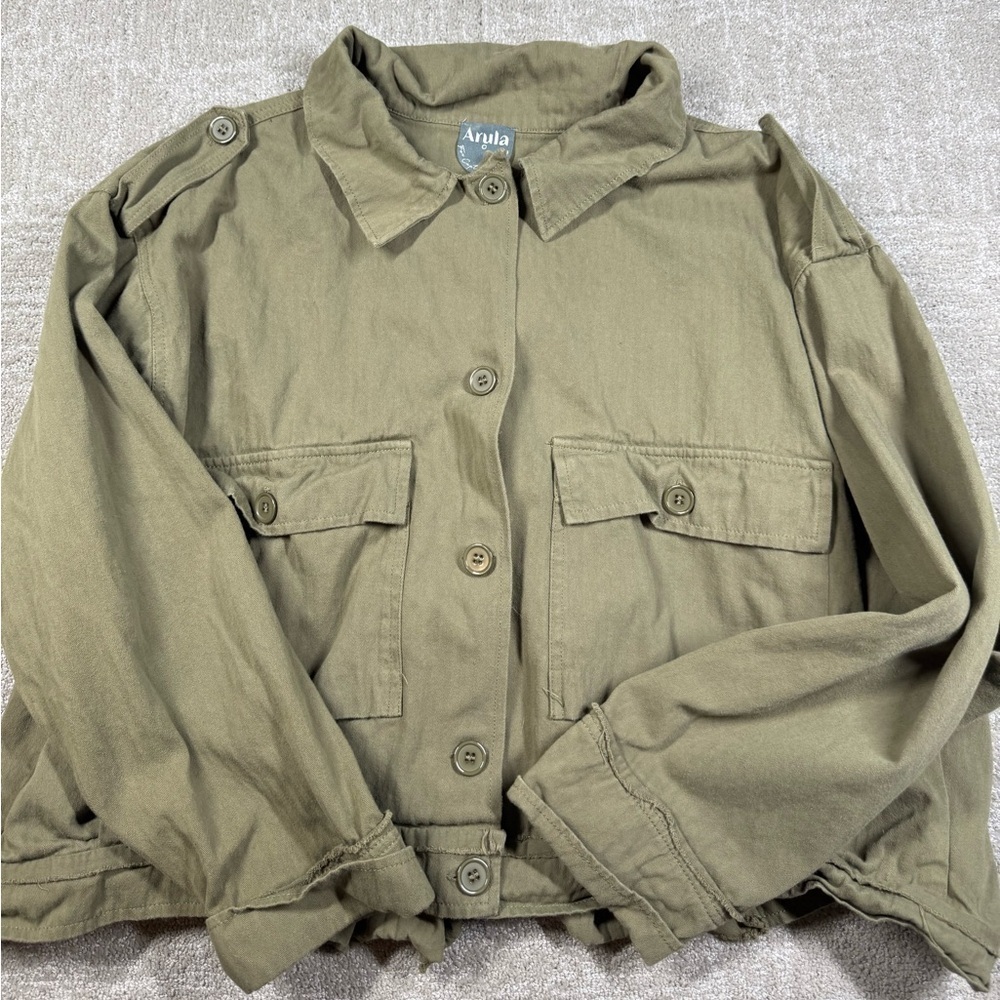Arula Boho Green Button Down Long Sleeve Casual oversized Light Weight Jacket